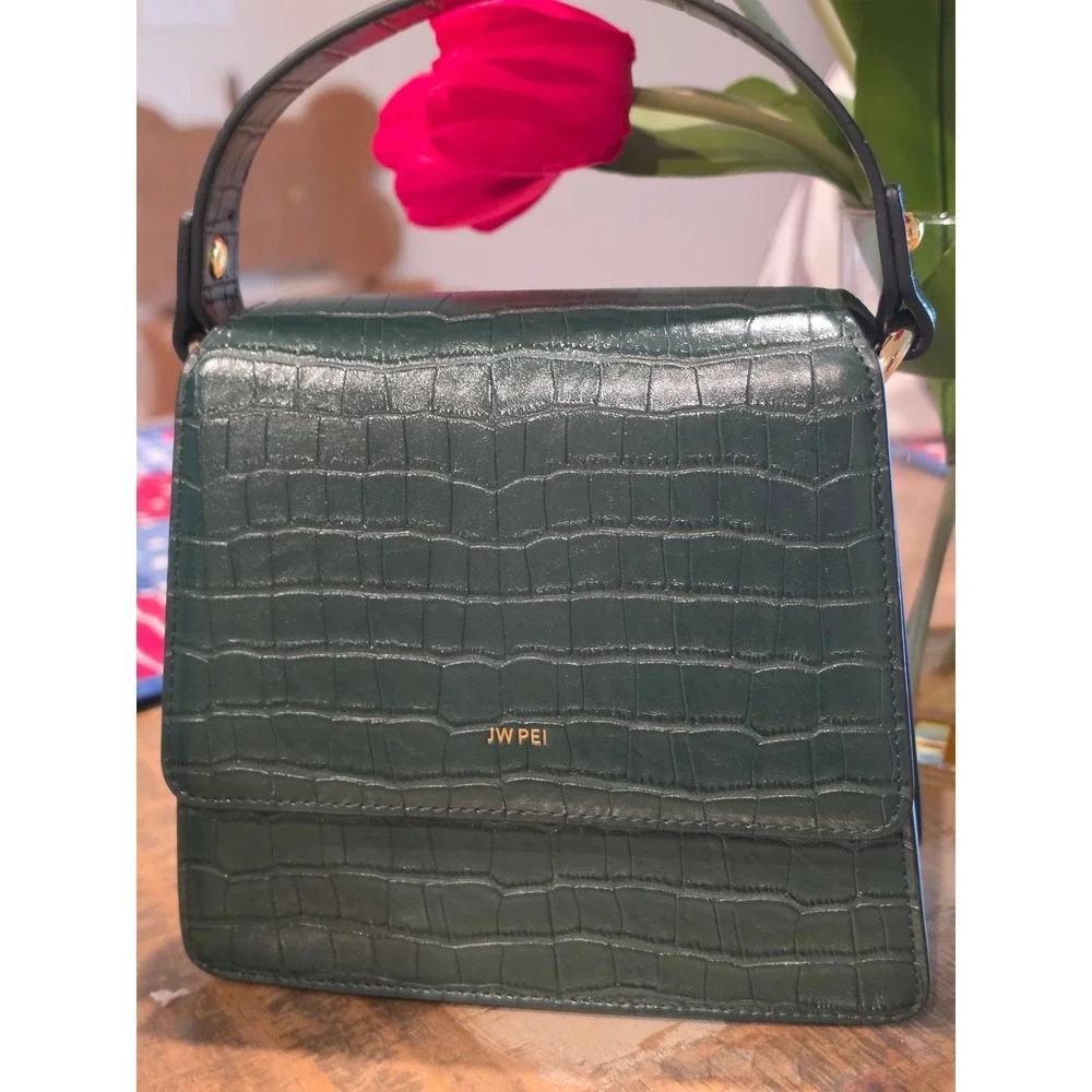 JW PEI Dark Green Croc Embossed‎ Vegan Leather Top Handle Flap Bag Gold Hardware